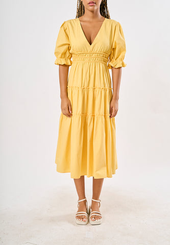 Mossimo Lorelie Yellow Ruched Panel Dress with Puff Sleeves