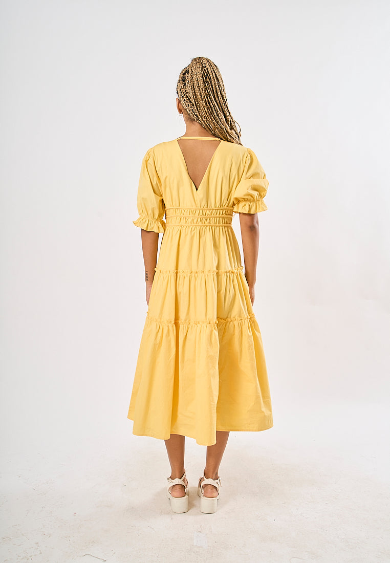 Mossimo Lorelie Yellow Ruched Panel Dress with Puff Sleeves