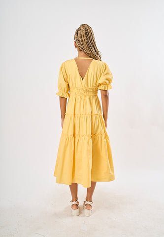 Mossimo Lorelie Yellow Ruched Panel Dress with Puff Sleeves