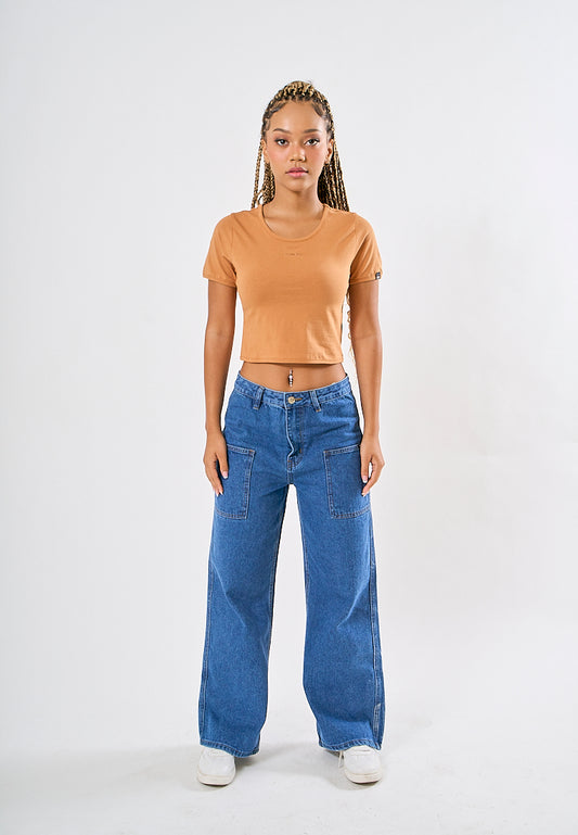 Mossimo Adara Almond Brown Scoop Neck Retro Cropped Fit Tee