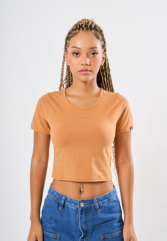 Mossimo Adara Almond Brown Scoop Neck Retro Cropped Fit Tee