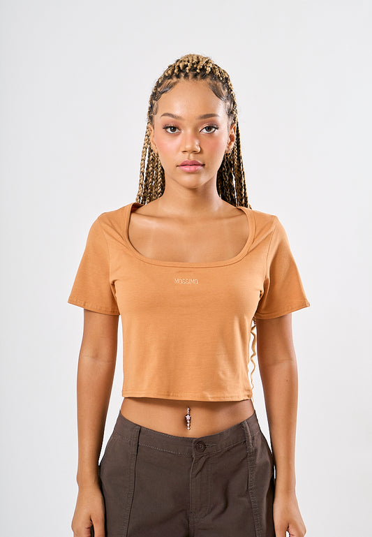 Mossimo Lyn Brown Square Neck Retro Cropped Fit Tee