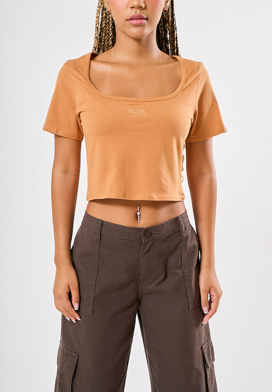 Mossimo Lyn Brown Square Neck Retro Cropped Fit Tee