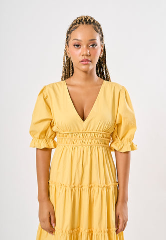 Mossimo Lorelie Yellow Ruched Panel Dress with Puff Sleeves