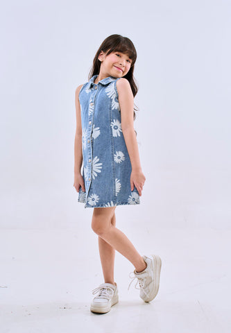 Mossimo Kids Girls Blue Floral Buttondown Sleeveless Denim Dress