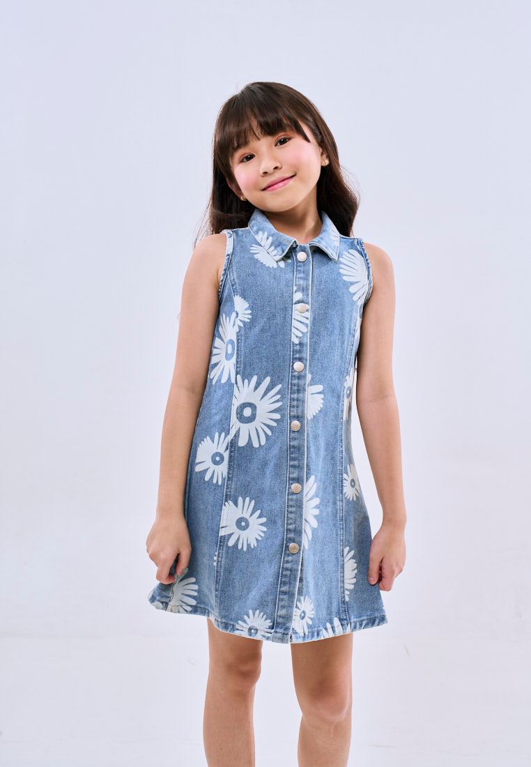 Mossimo Kids Girls Blue Floral Buttondown Sleeveless Denim Dress