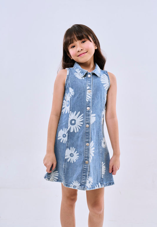 Mossimo Kids Girls Blue Floral Buttondown Sleeveless Denim Dress