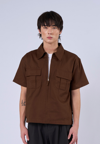 Mossimo Zeke Brown Woven Short Sleeves Boxy Fit Fashion Top