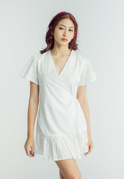 Arlene White Wrap Mini Dress with Ruffle Sleeves - Mossimo PH