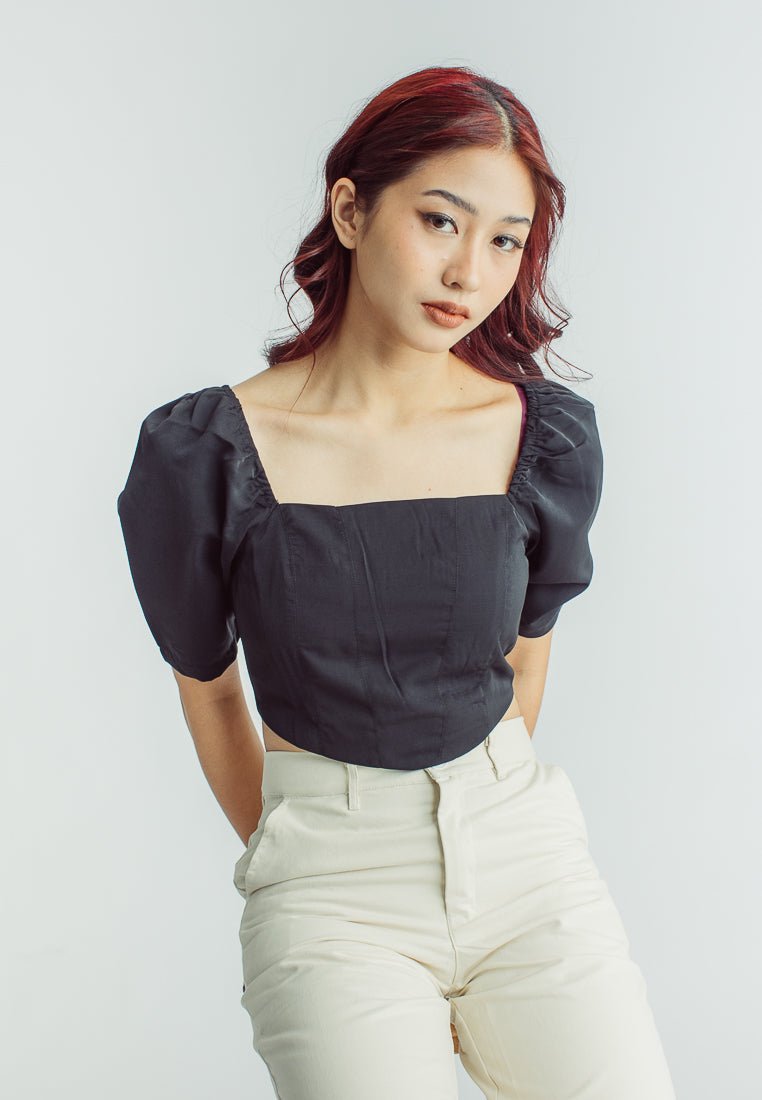 Bella Black Woven 3/4 Sleeves Square Neck Crop Bustier - Mossimo PH