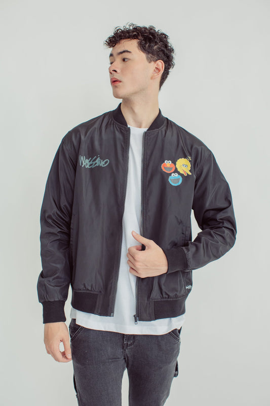 Black Oversized Bomber Jacket with Sesame Heads Print - Mossimo PH