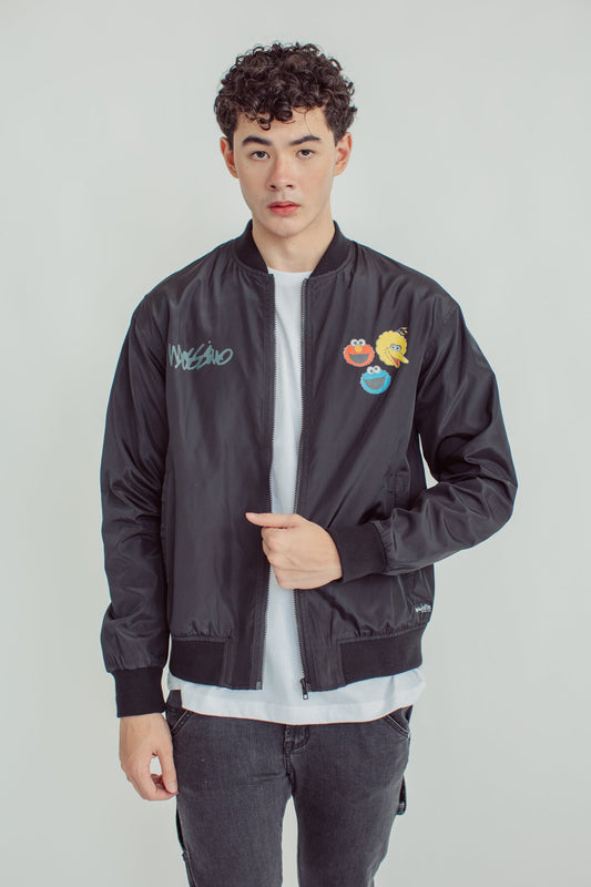 Black Oversized Bomber Jacket with Sesame Heads Print - Mossimo PH