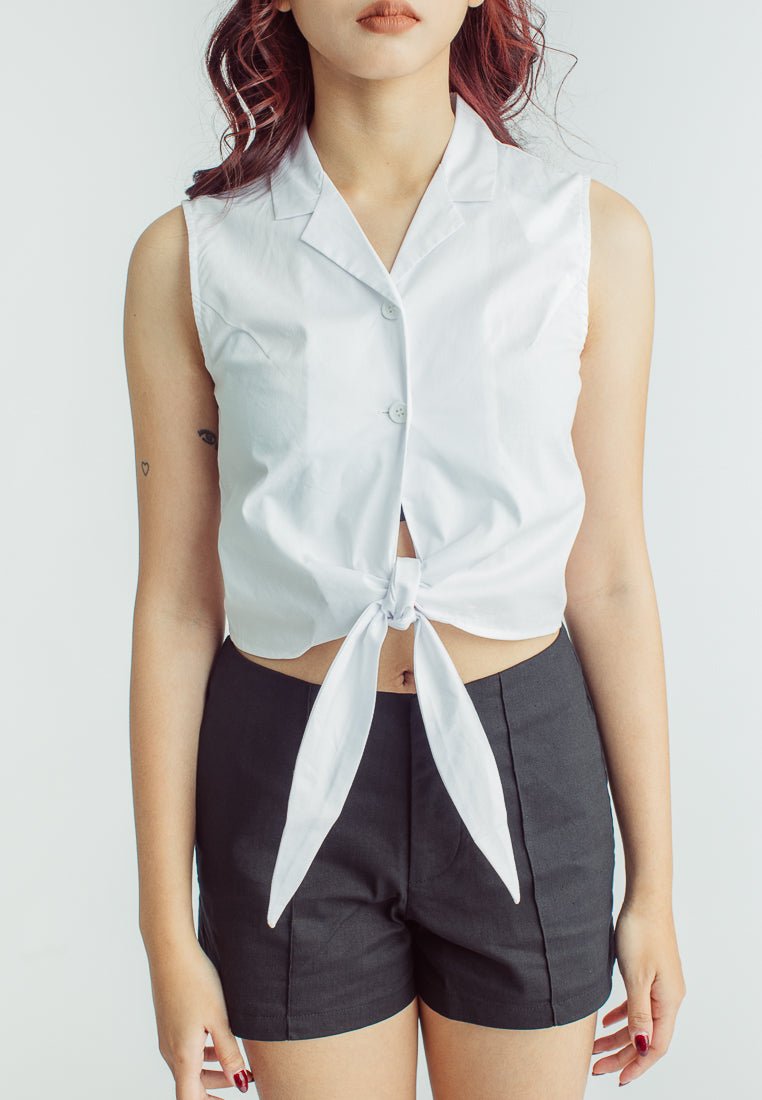Donna White Cropped Sleeveless Buttondown with Ribbon Tie - Mossimo PH