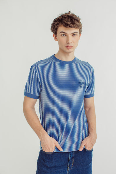 Drew Blue Round Neck Stripes with High Density Print Classic Fit Tee - Mossimo PH