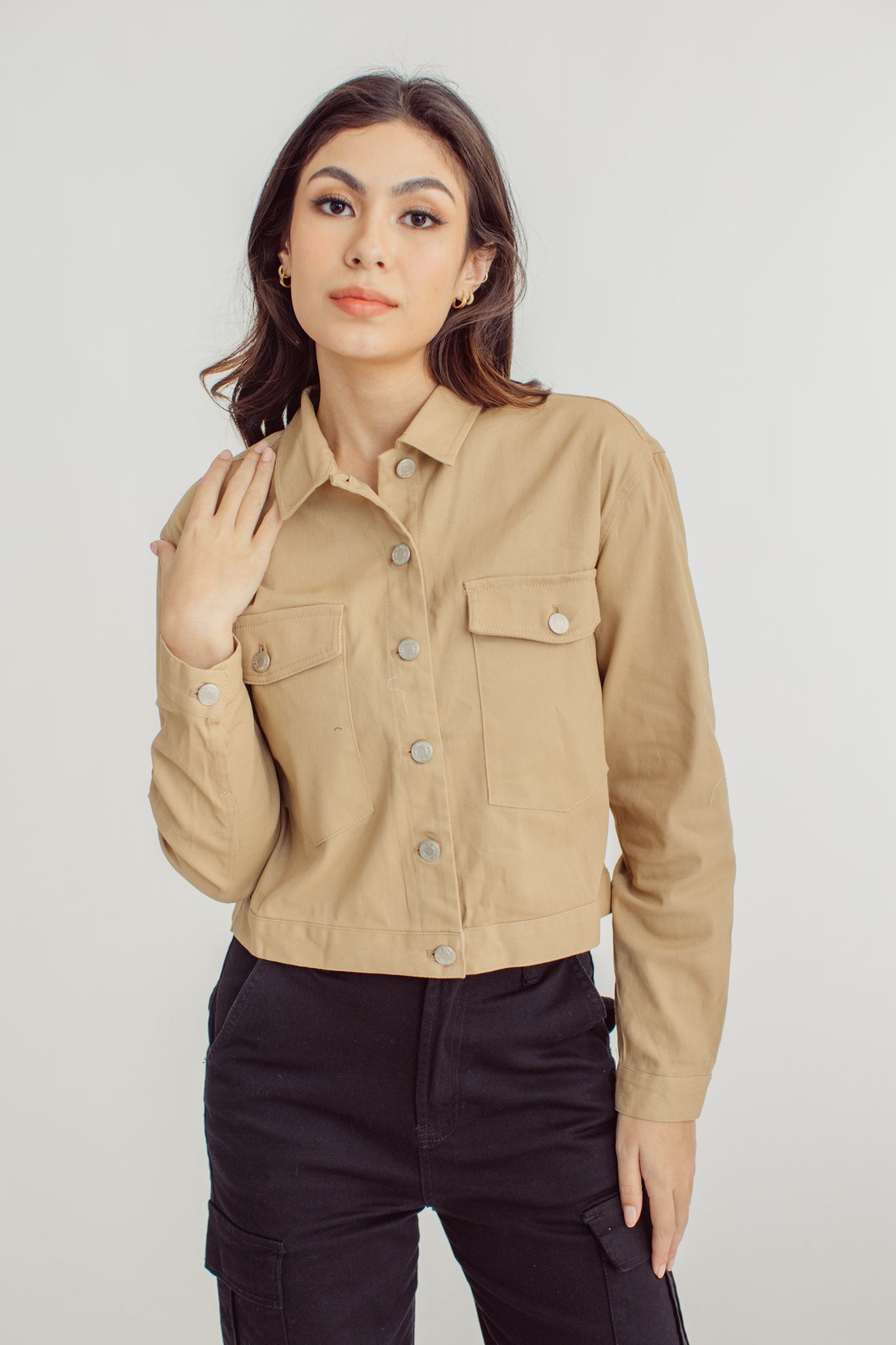 Fiona Beige Modern Cropped Large Pocket Twill Jacket - Mossimo PH