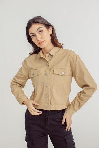 Fiona Beige Modern Cropped Large Pocket Twill Jacket - Mossimo PH