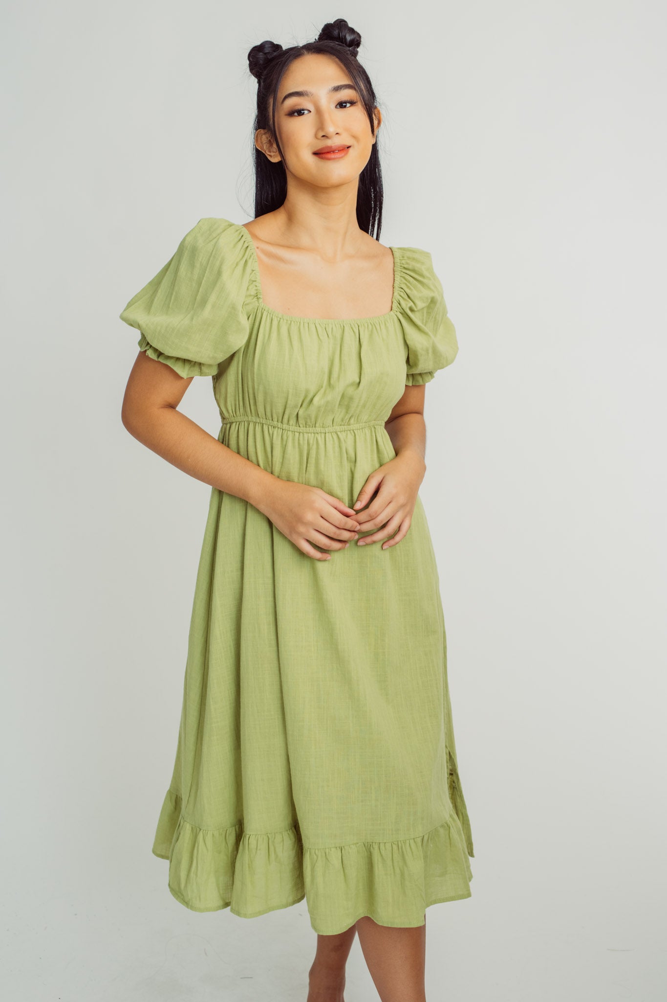 Green Fashion Garthered with Puffs Sleeves Dress - Mossimo PH