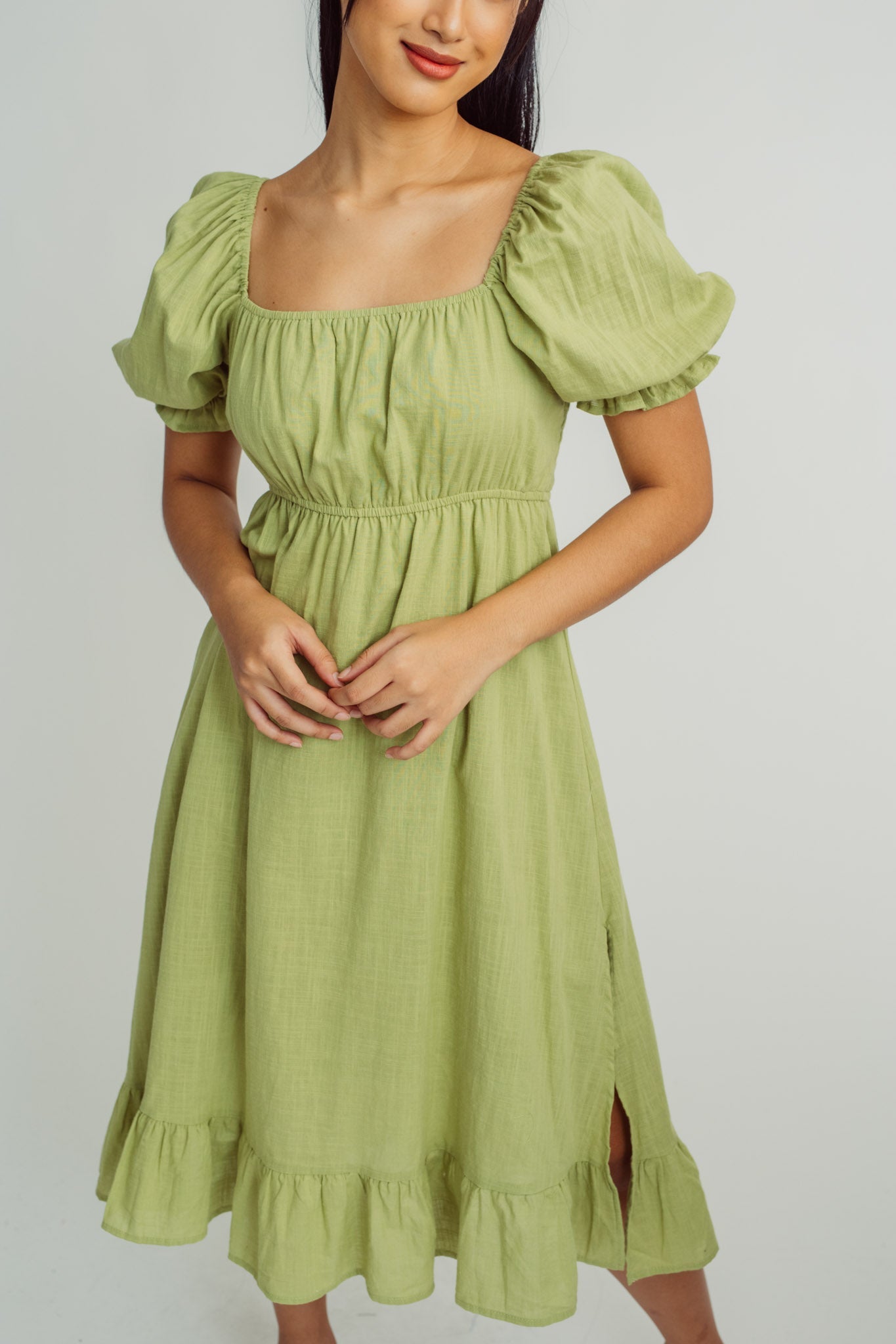 Green Fashion Garthered with Puffs Sleeves Dress - Mossimo PH