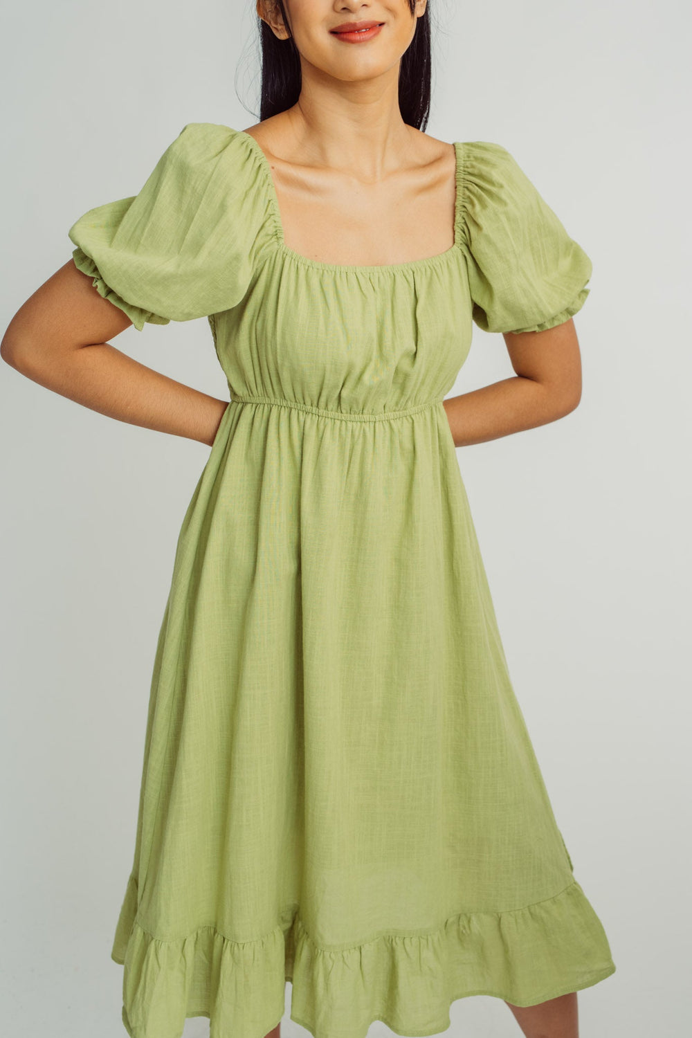 Green Fashion Garthered with Puffs Sleeves Dress - Mossimo PH