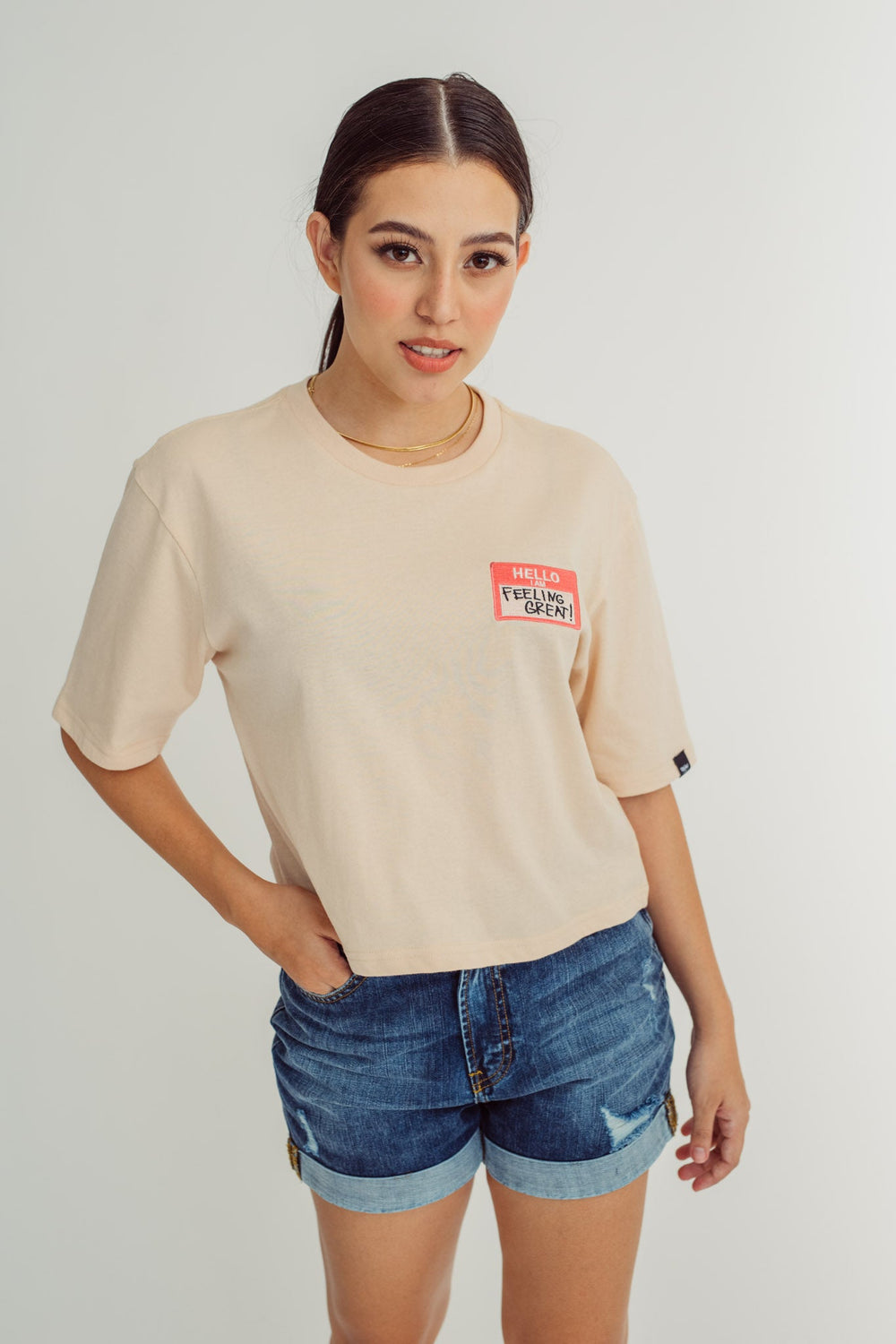 Ivory Cream with Statement Patch Embroidery Modern Cropped Fit Tee - Mossimo PH