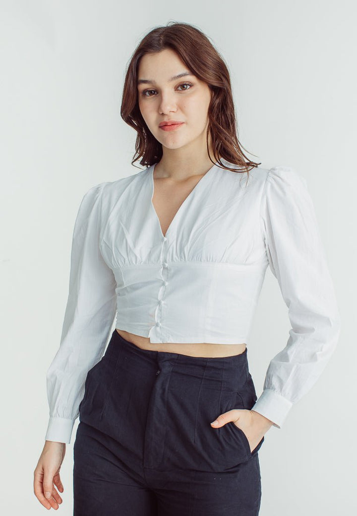 Joshelle White Woven V Neck Crop Top with Puff Sleeves - Mossimo PH