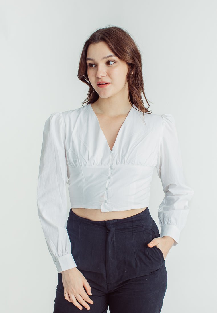 Joshelle White Woven V Neck Crop Top with Puff Sleeves - Mossimo PH