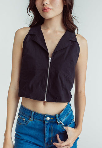 Kisha Black Woven Crop Vest with Notch Collar - Mossimo PH