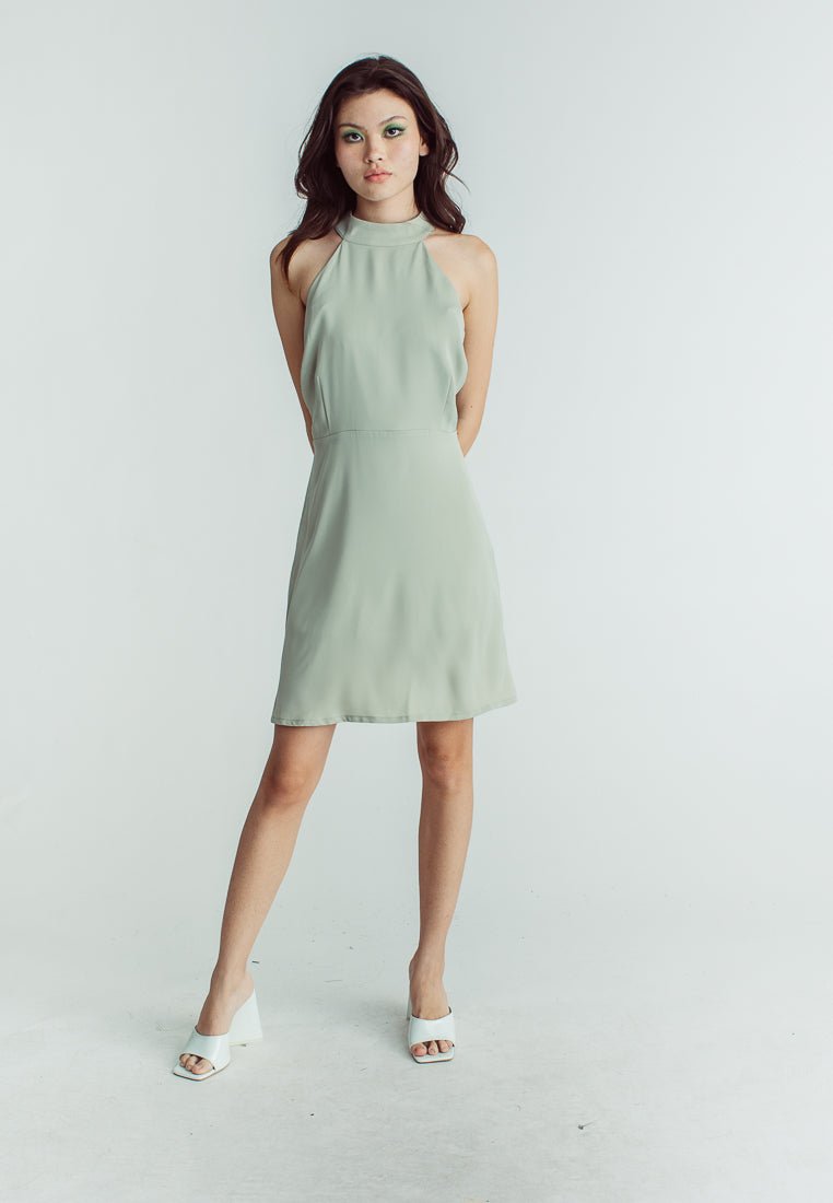 Melissa Sage Green Halter Turtle Neck Mini Dress Melissa Sage Green Halter Turtle Neck Mini Dress