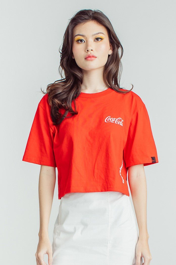 Mossimo Coca Cola Red Basic Tshirt with High Density Sugar Glitter Dip and Flat Print Modern Cropped Fit Tee - Mossimo PH