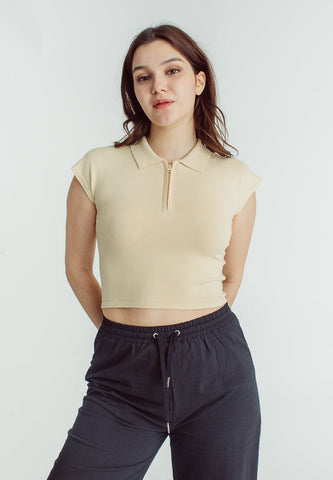 Nikki Beige Half Zipped Retro Cropped Polo - Mossimo PH