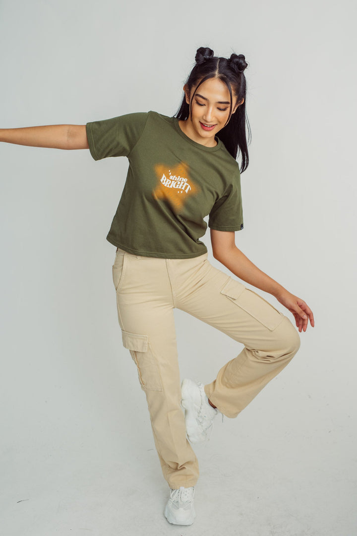 Olive with Shine Bright Retro Design with Flat Print Boxy Fit Tee - Mossimo PH