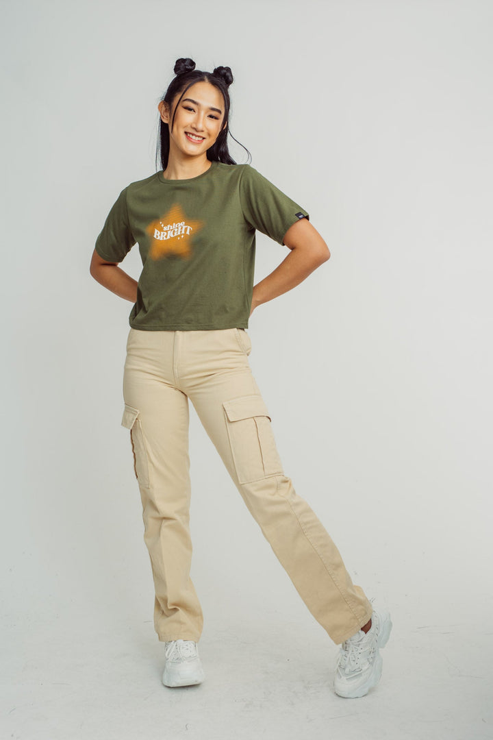 Olive with Shine Bright Retro Design with Flat Print Boxy Fit Tee - Mossimo PH