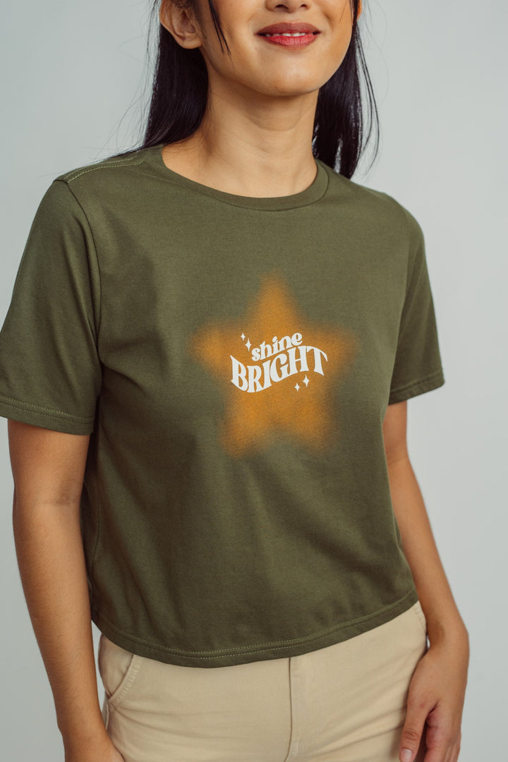 Olive with Shine Bright Retro Design with Flat Print Boxy Fit Tee - Mossimo PH