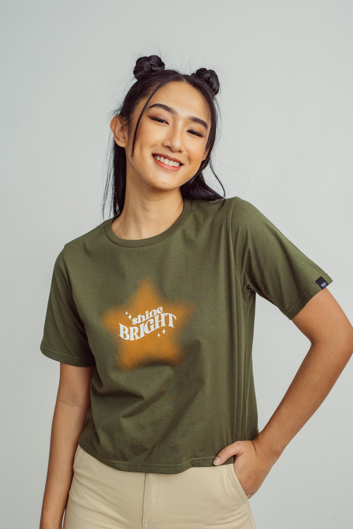 Olive with Shine Bright Retro Design with Flat Print Boxy Fit Tee - Mossimo PH