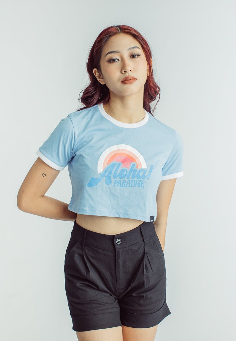 Placid Blue with Aloha Paradise Statement Design Vintage Cropped Fit Tee - Mossimo PH