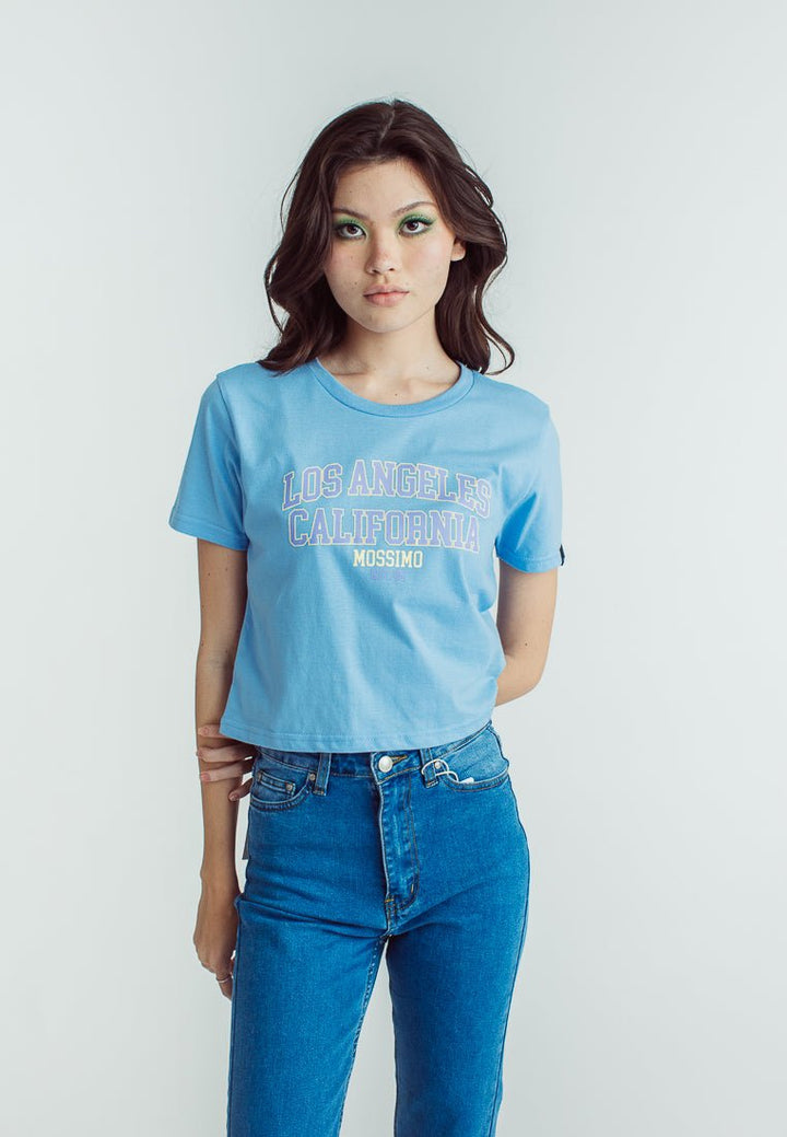Placid Blue with Los Angeles California Varsity with Flat Print and High Density Classic Cropped Fit Tee - Mossimo PH