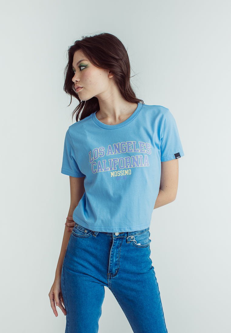 Placid Blue with Los Angeles California Varsity with Flat Print and High Density Classic Cropped Fit Tee - Mossimo PH