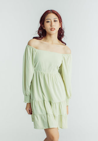 Selene Sage Green Three Tiered Dress with Puff Sleeves - Mossimo PH