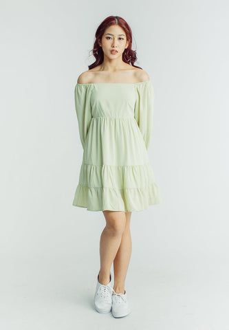 Selene Sage Green Three Tiered Dress with Puff Sleeves - Mossimo PH
