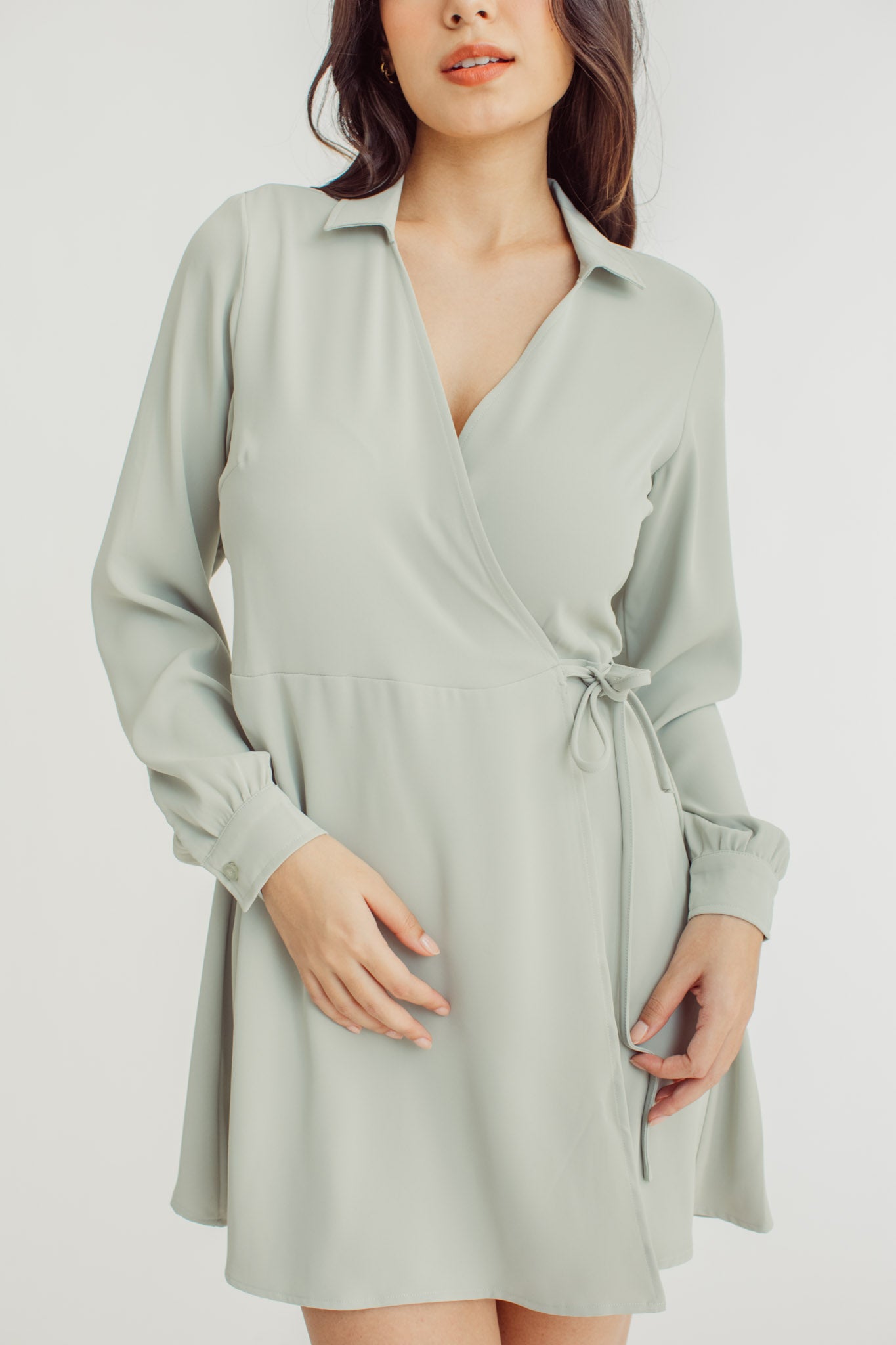 Vianne Sage Green V Neck Wrap Dress with Collar - Mossimo PH
