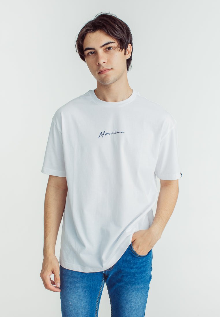 White Basic Round Neck Urban Fit Tee with Liquid Shimmer and Flat Print - Mossimo PH